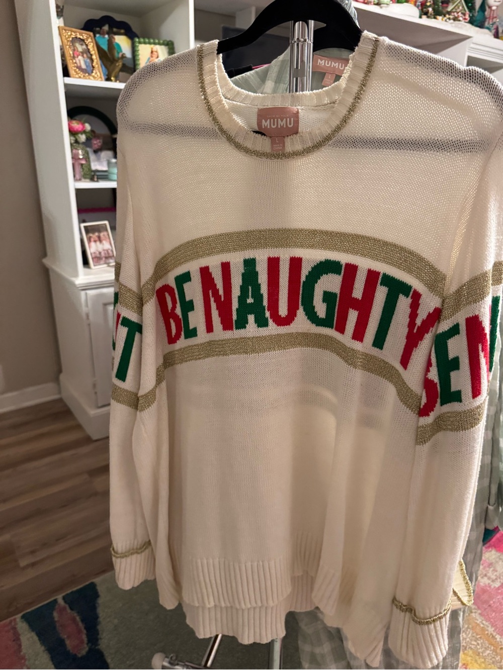 Show Me Your MuMu Ivory Crewneck Sweater with Red & Green Lettering